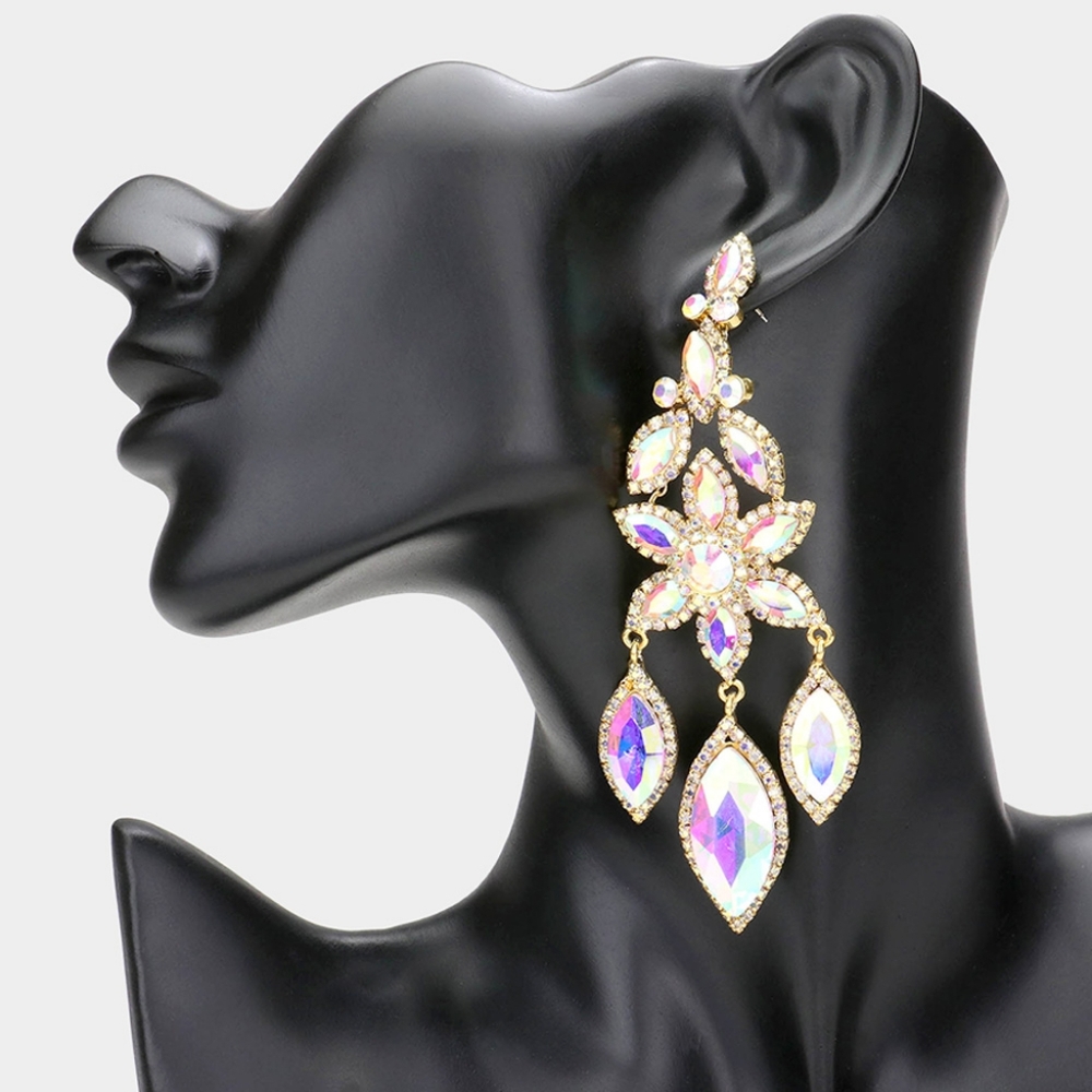 Abalone Gold Marquise Flower Triple Rhinestone Crystal Dangle Earrings Statement